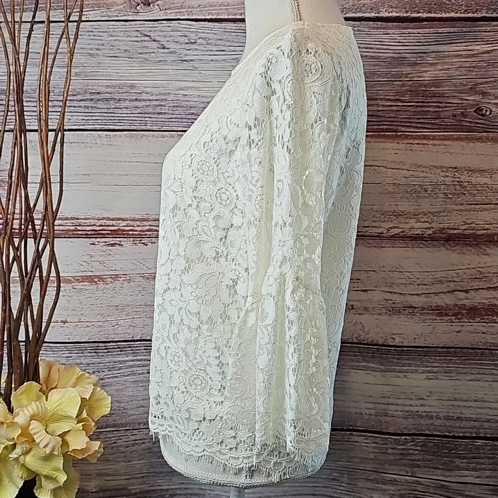 NEW H&M IVORY LACE LINED 3/4 FLARE SLEEVE PULLOVER BLOUSE